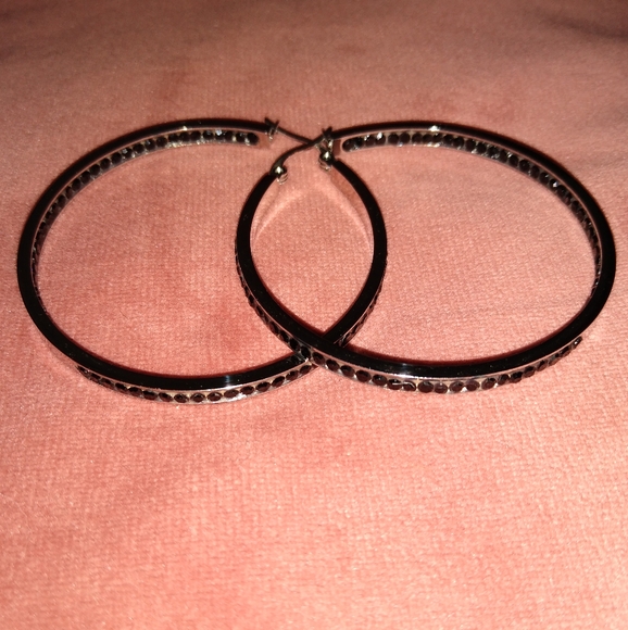 Big Black Rhinestone Silver Hoop Earrings Sparkle Hoops CZ Crystal Channel Loop - Picture 9 of 12